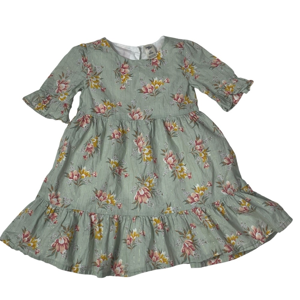 OshKosh B'gosh Floral Dress 3T Toddler Green Cottagecore Ruffle Sleeve